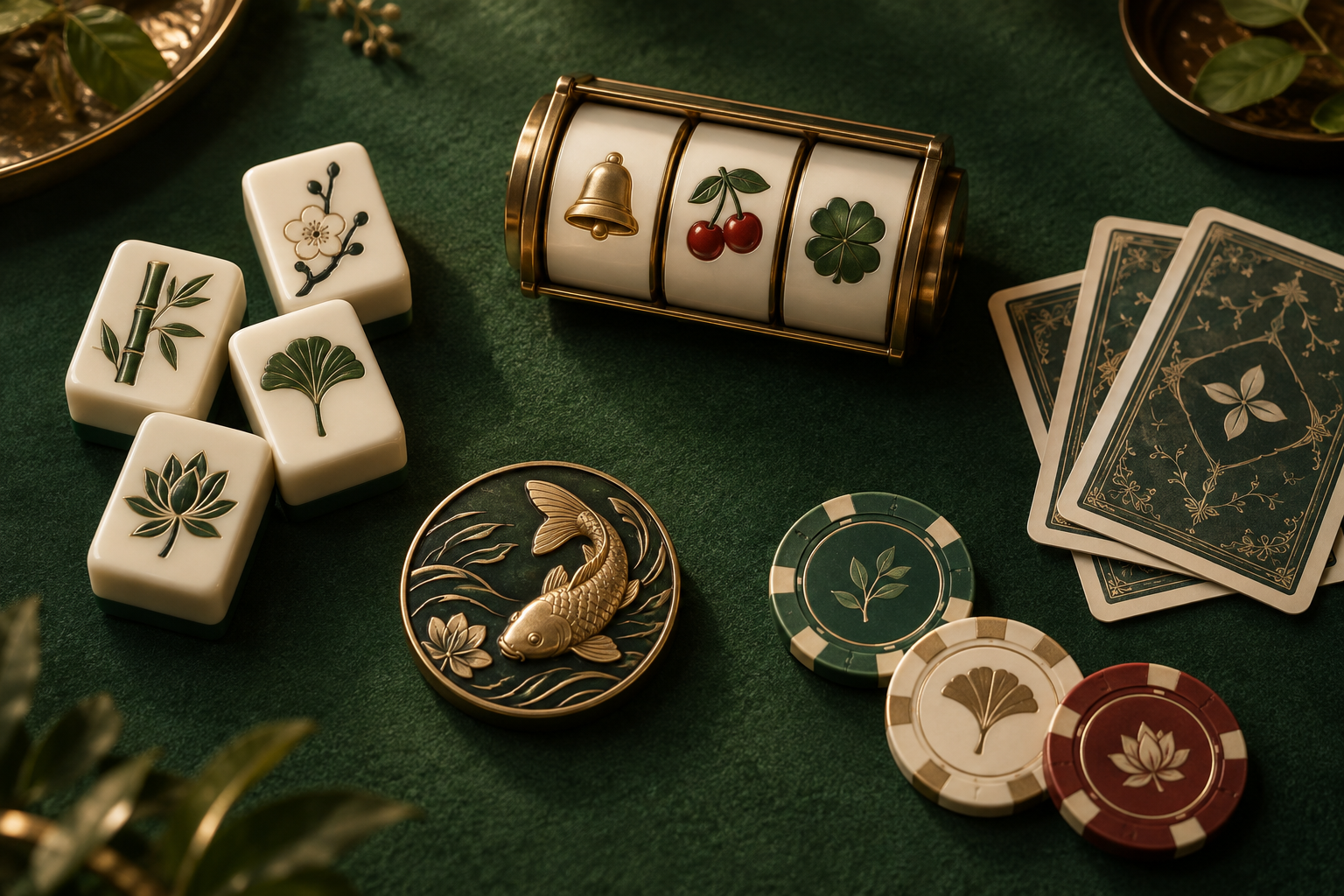 Ilustrasi katalog permainan casino dengan kartu, slot, dan keping; bukan tampilan asli rr55