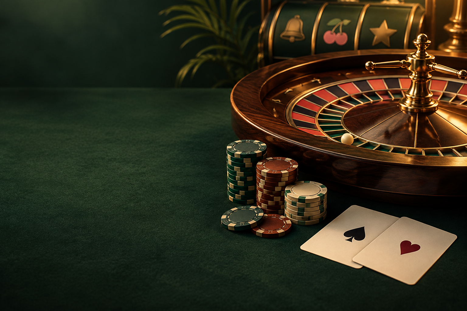 Ilustrasi casino dengan meja roulette, kartu, dan keping; bukan tampilan asli rr55