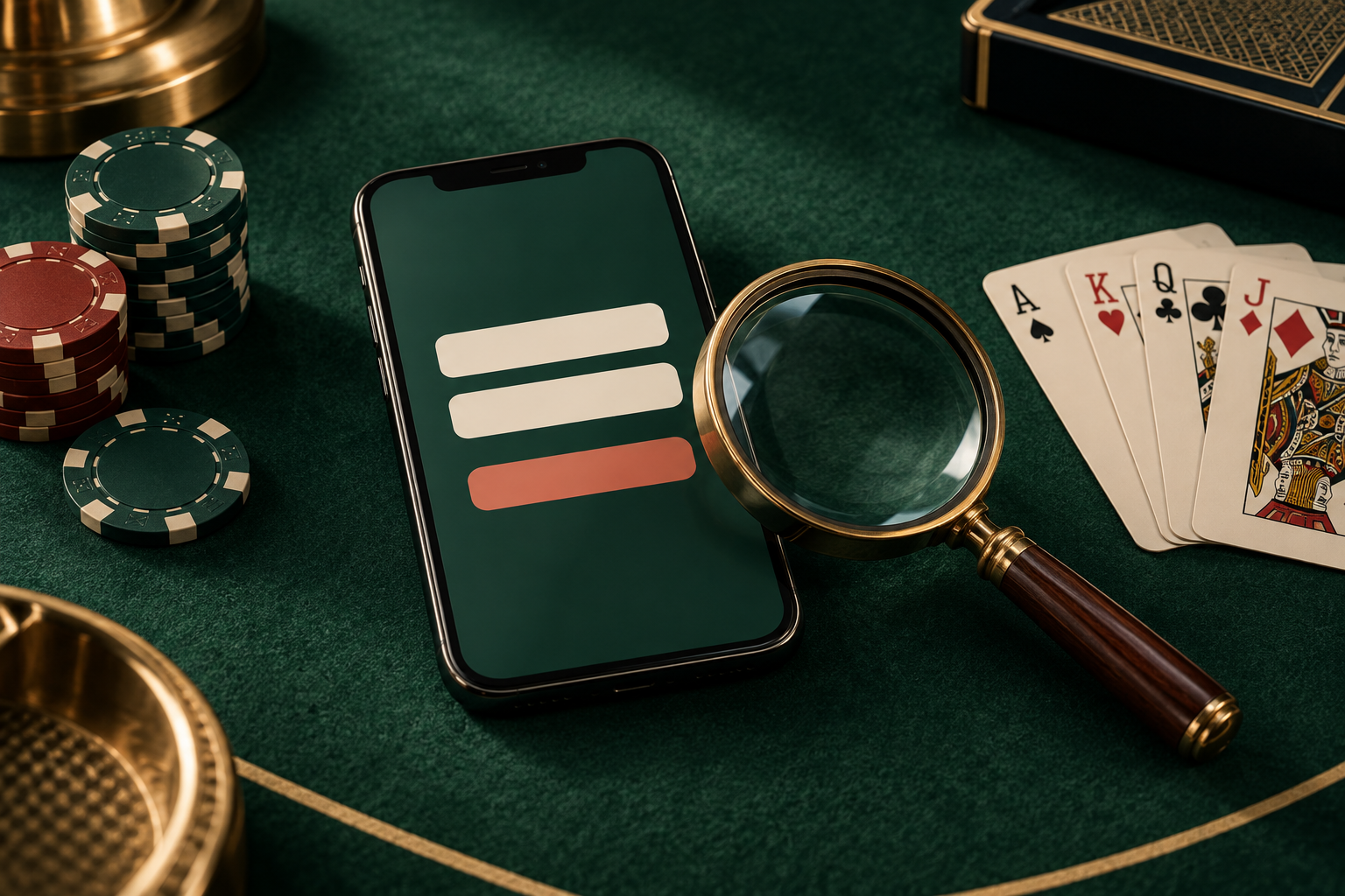 Ilustrasi akses akun netral dengan kartu casino dan kaca pembesar; bukan tangkapan layar rr55
